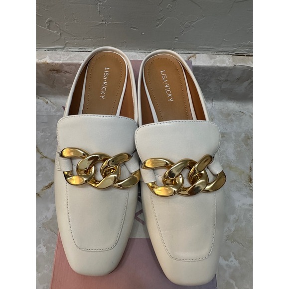 Lisa Vicky Zippy V‎ White Sheep Nappa Mules Loafers Size 8 M Gold Chain Accent - Picture 2 of 5
